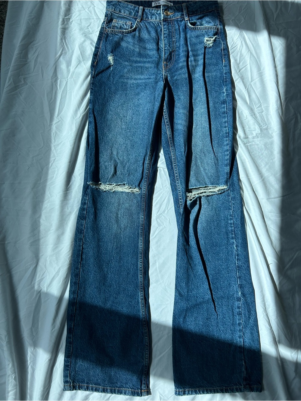 Women’s Zara Blue Distressed Straight-Leg Jeans Dark Blue Wash